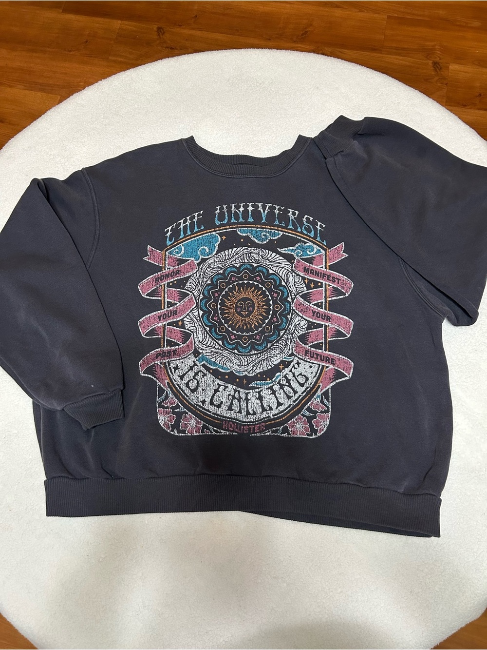 Hollister Black Crewneck Sweatshirt with Colorful 'The Universe' Graphic